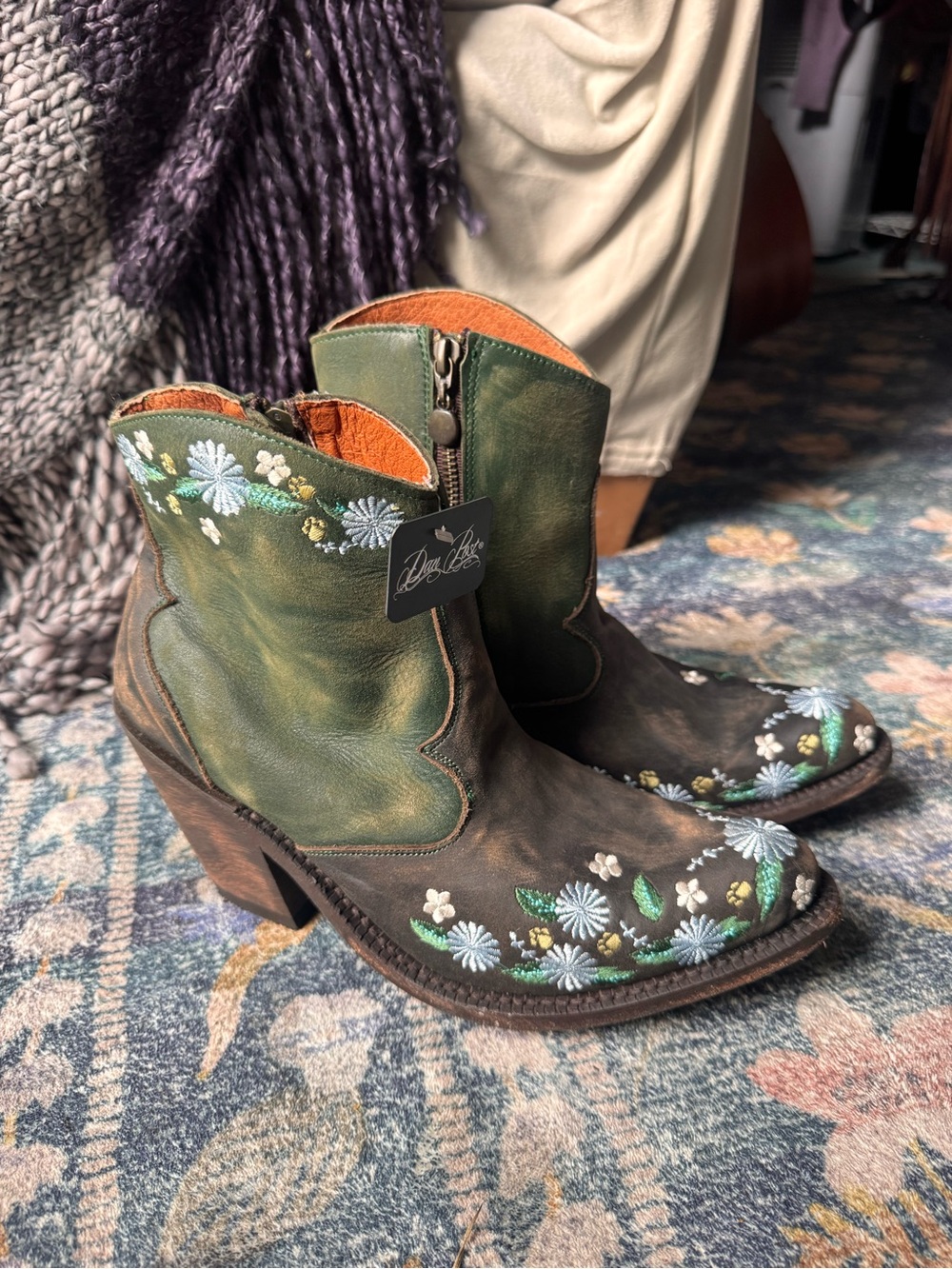 Dan Post Green & Brown Floral-Embroidered Western Ankle Boots